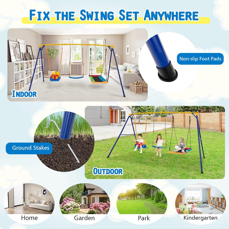 Gymax 3-in-1 Kids Swing Set 660 LBS Carbon Steel Swing Frame w/ Belt