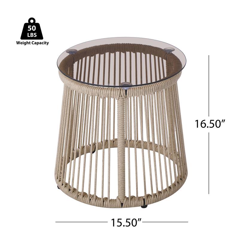 Roomfitters Moonstone Outdoor Woven Rope Side Table with Tempered Glass Top, Modern Drum Design, Light Brown - Light Brown
