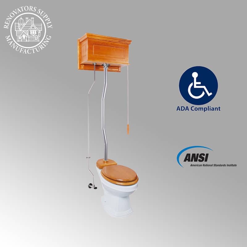 High Tank Toilet - Mahogany Flat Tank, White Round Bowl and Satin L Pipe Renovators Supply