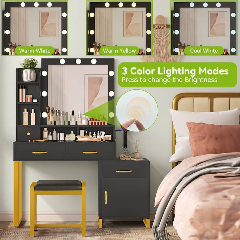 Moasis Makeup Vanity with 9 LED Bulbs and Charging Station - 15.3"D x 42.1"W x 53.9"H
