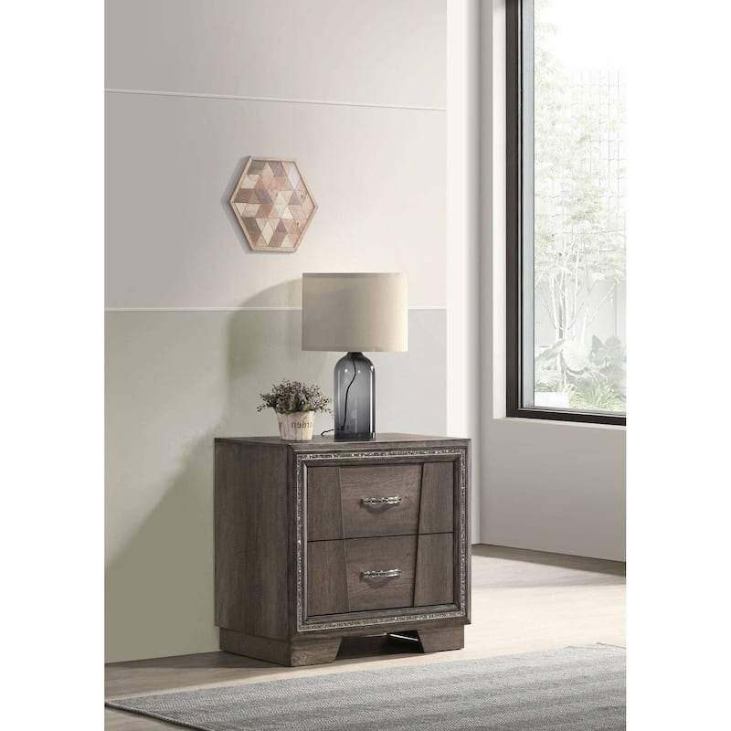 Grey Oak 2-Drawer Nightstand with Glitter Frame Strips, Shimmering Pulls, Felt Lined Top Drawer Storage