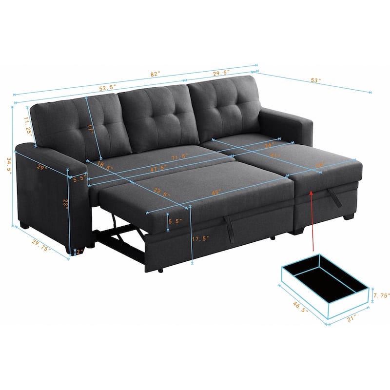 Upholstered Pull Out Sectional Sofa with Chaise and Removable Cushions