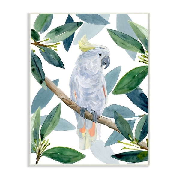 Stupell Tropical Cockatoo Bird Greenery Branches Wood Wall Art