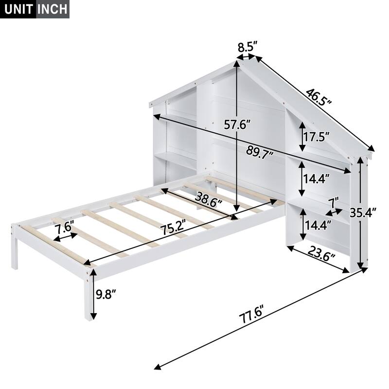 Platform Bed with House-Shaped Storage Headboard and Built-In LED
