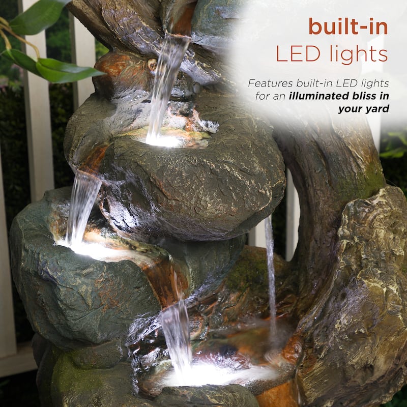 Cascading Rock and Tree Trunk Fountain with LED Lights