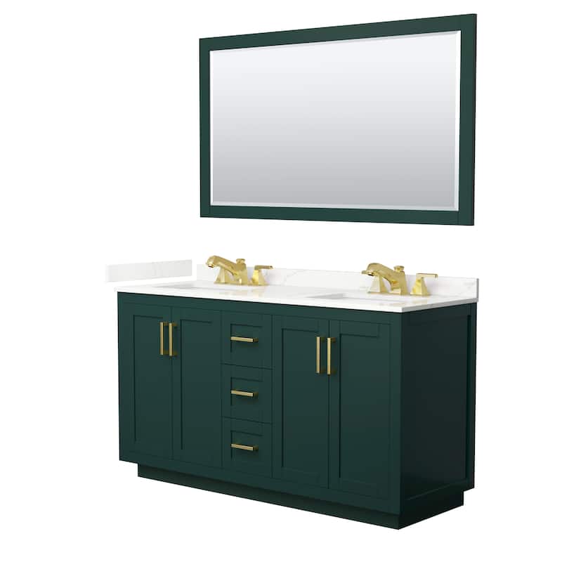 Miranda 60-inch Double Vanity, Quartz Top, 58-inch Mirror - Green, Gold Trim, Giotto Quartz Top