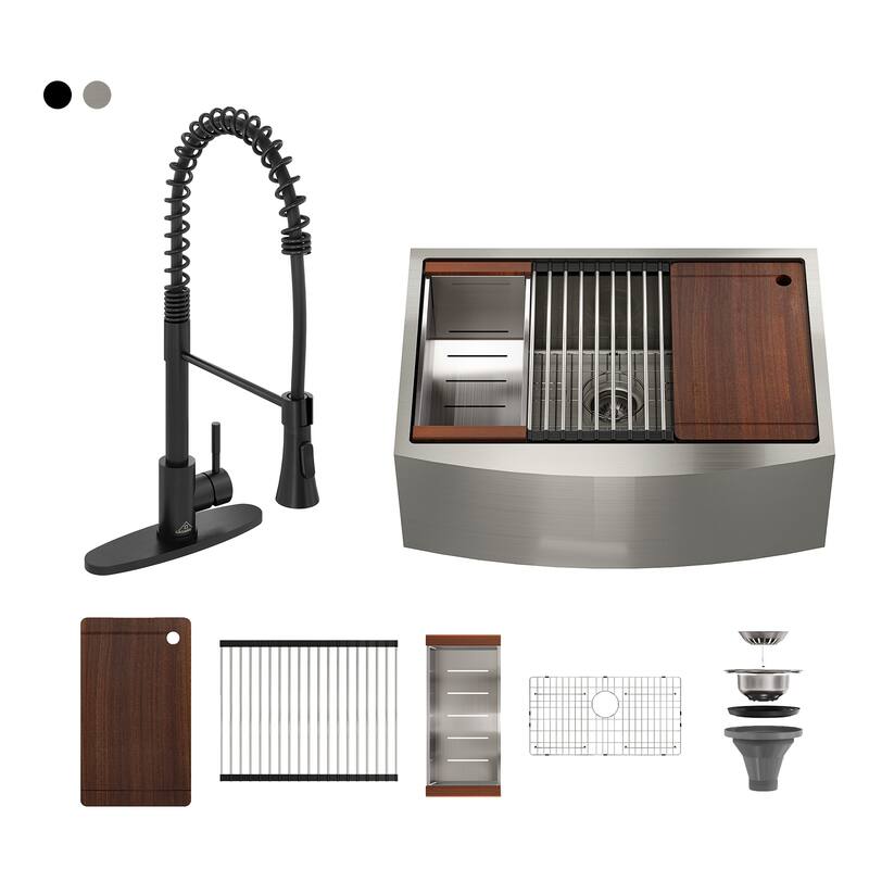 Stainless Steel 33 in. Single Bowl Farmhouse Apron Workstation Kitchen Sink with Kitchen Faucet and Accessories