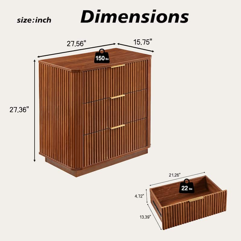 3 Drawers Drasser 2pcs, 27.6'' Wide Modern Chest Of Drawers Curved Wave Design,Nightstand,Wood Drawer Organizer
