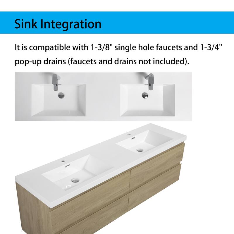 Wall 72" Floating Bathroom Vanity with Sink & and 4 Soft Close Drawers,White/Oak/Grey - 72 inch