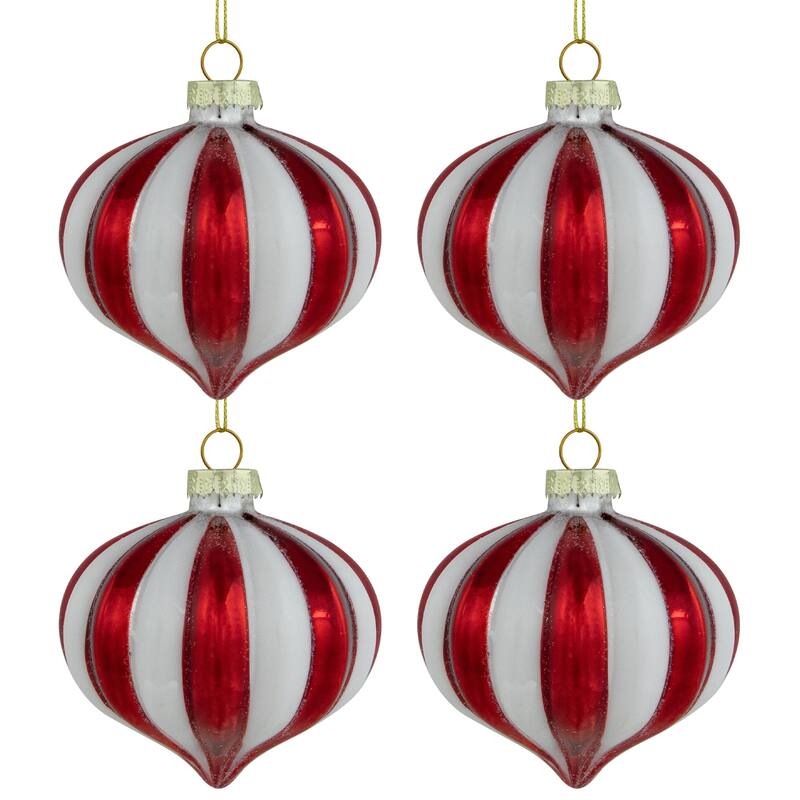 4Ct Red White Glittered Candy Cane Onion Glass Christmas Ornaments 3"
