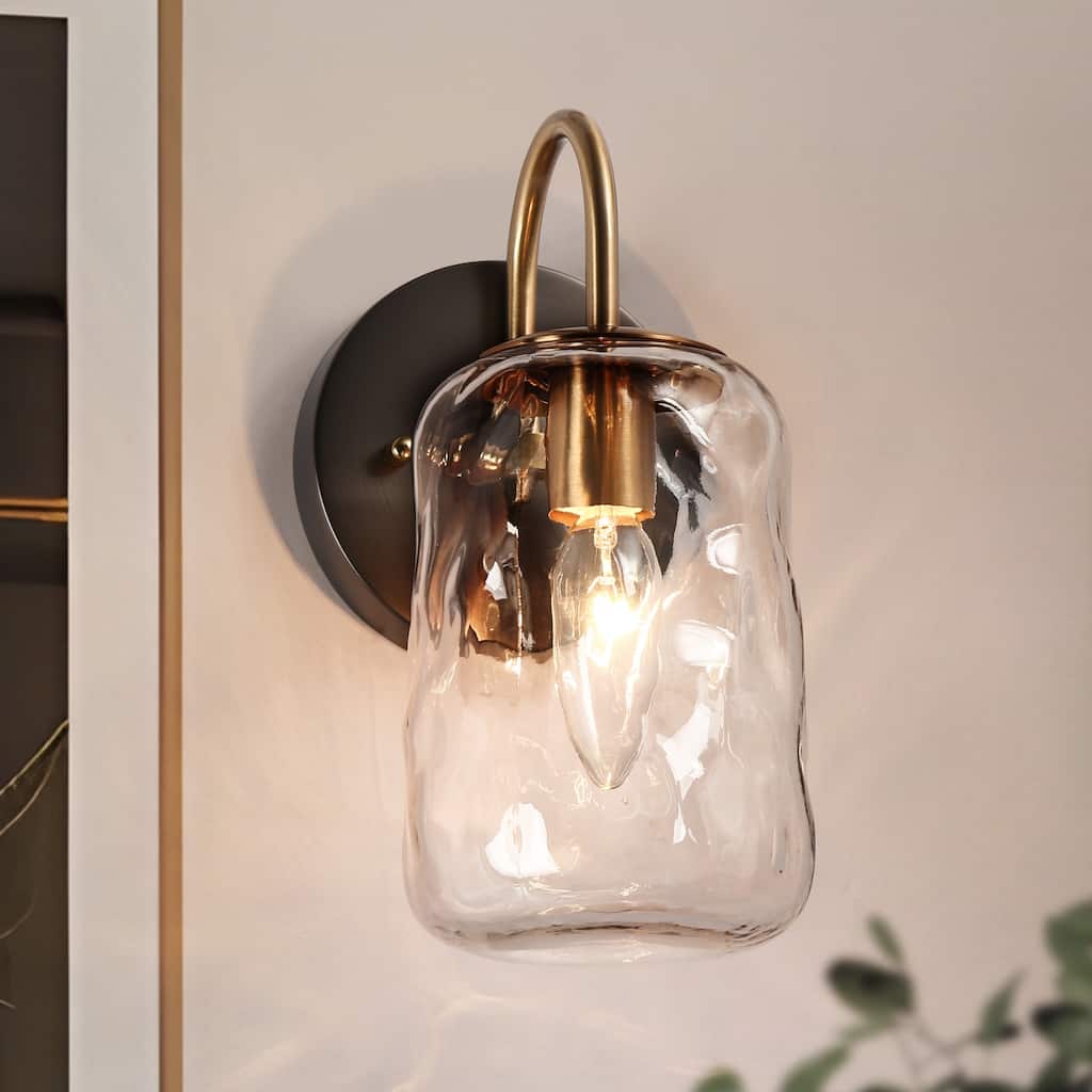 LALUZ Modern 1-Light Mason Jar Wall Sconce Hand-blown Clear Glass Gunmetal Gray Bathroom Vanity Light - 4.5" x H 9.4"