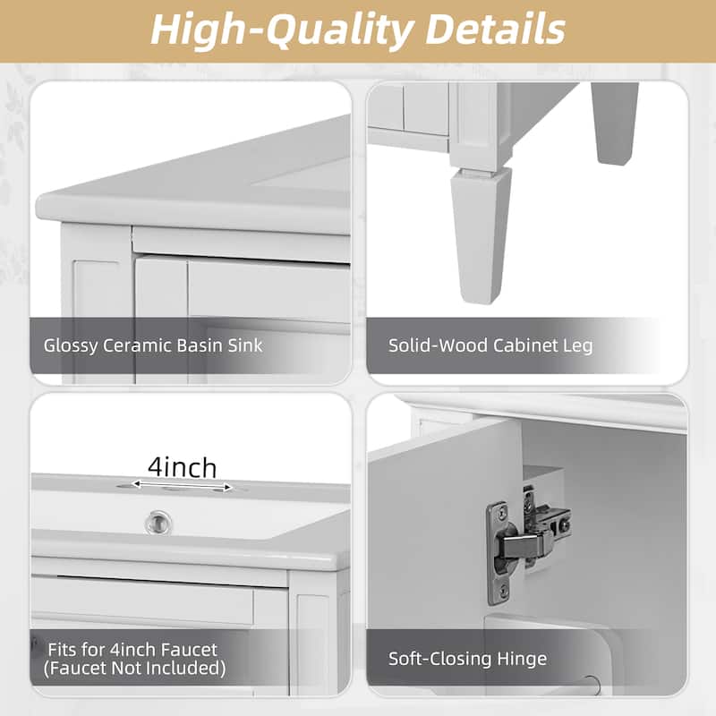 24" Bathroom Vanity With 2 Doors And Tip-Out Drawer, Bathroom Storage Cabinet With Sink, Soft-Closing Doors With Organizers