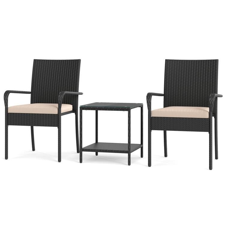 3 Piece Black PE Rattan Patio Set with Metal Frame, Cushions and Glass Table - Chair: 23" x 22.5" x 35"