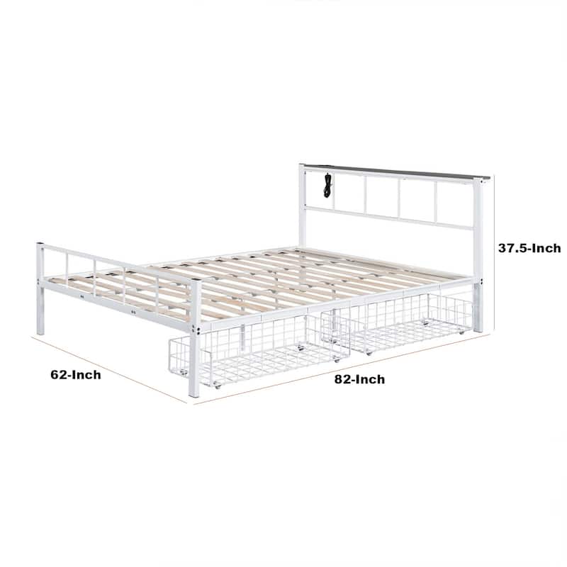 Nix Queen Size Bed w Underbed Storage, Slatted White Metal Headboard