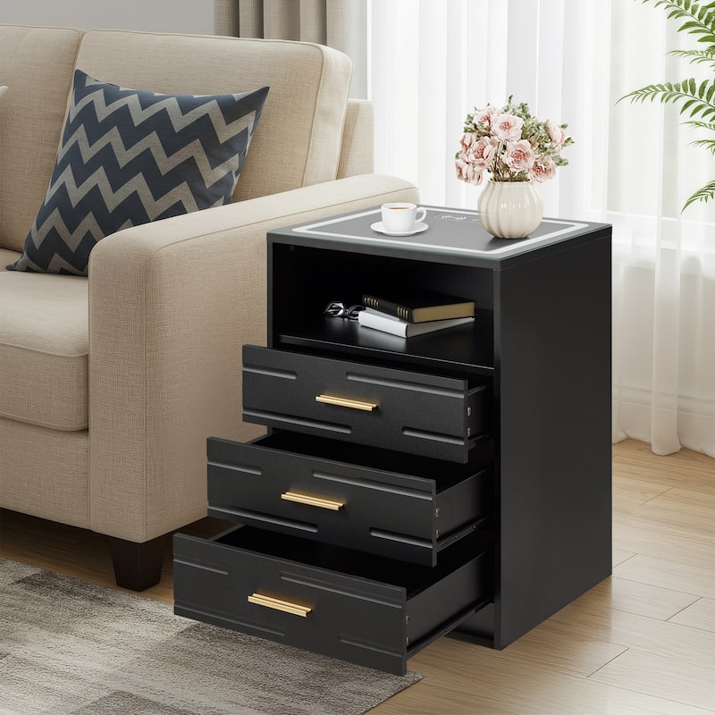 EROMMY Smart Nightstand with Wireless Charging, USB Ports, and Adjustable LED Lighting – Modern Bedside Table with 3 Drawers