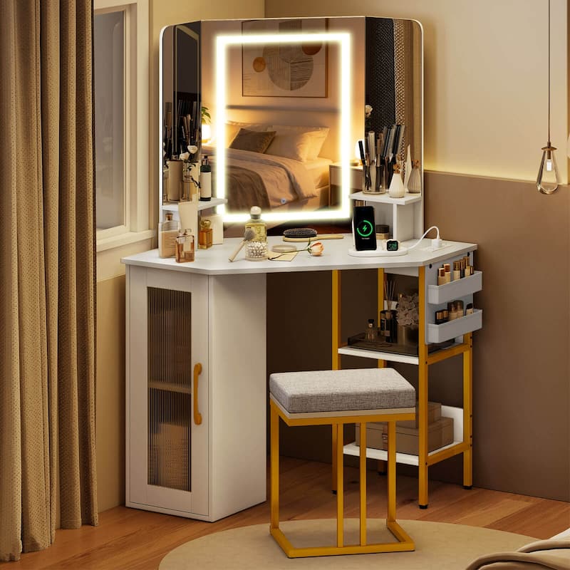 Costway Corner Vanity Desk with Mirror Lights Triple Mirror 3 Lighting - See Details