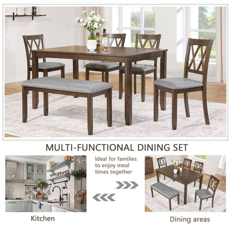 Modern Dining Table Set with 4 Chairs and 1 Bench, for Living Rooms Kitchens Dining Rooms, Walnut Wood Color, 6-Piece Set