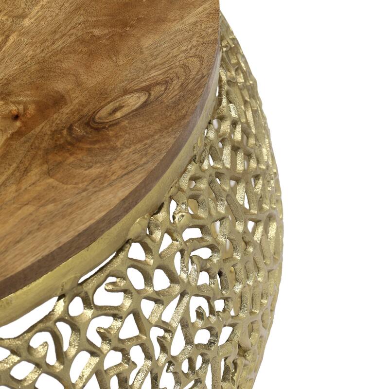 Roomfitters Round Coffee Table with Mango Wood Top, Metal Accent Base, Living Room Center Table, Gold