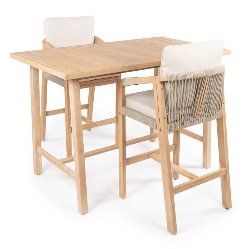 Javea Modern Coastal 3-Piece Acacia Wood Outdoor Bar Set with Cushions, by JONATHAN Y