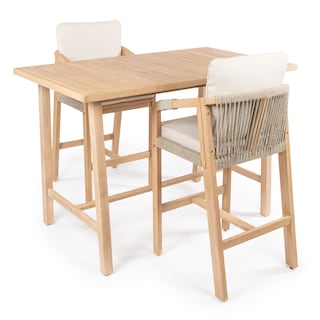 Javea Modern Coastal 3-Piece Acacia Wood Outdoor Bar Set with Cushions, by JONATHAN Y