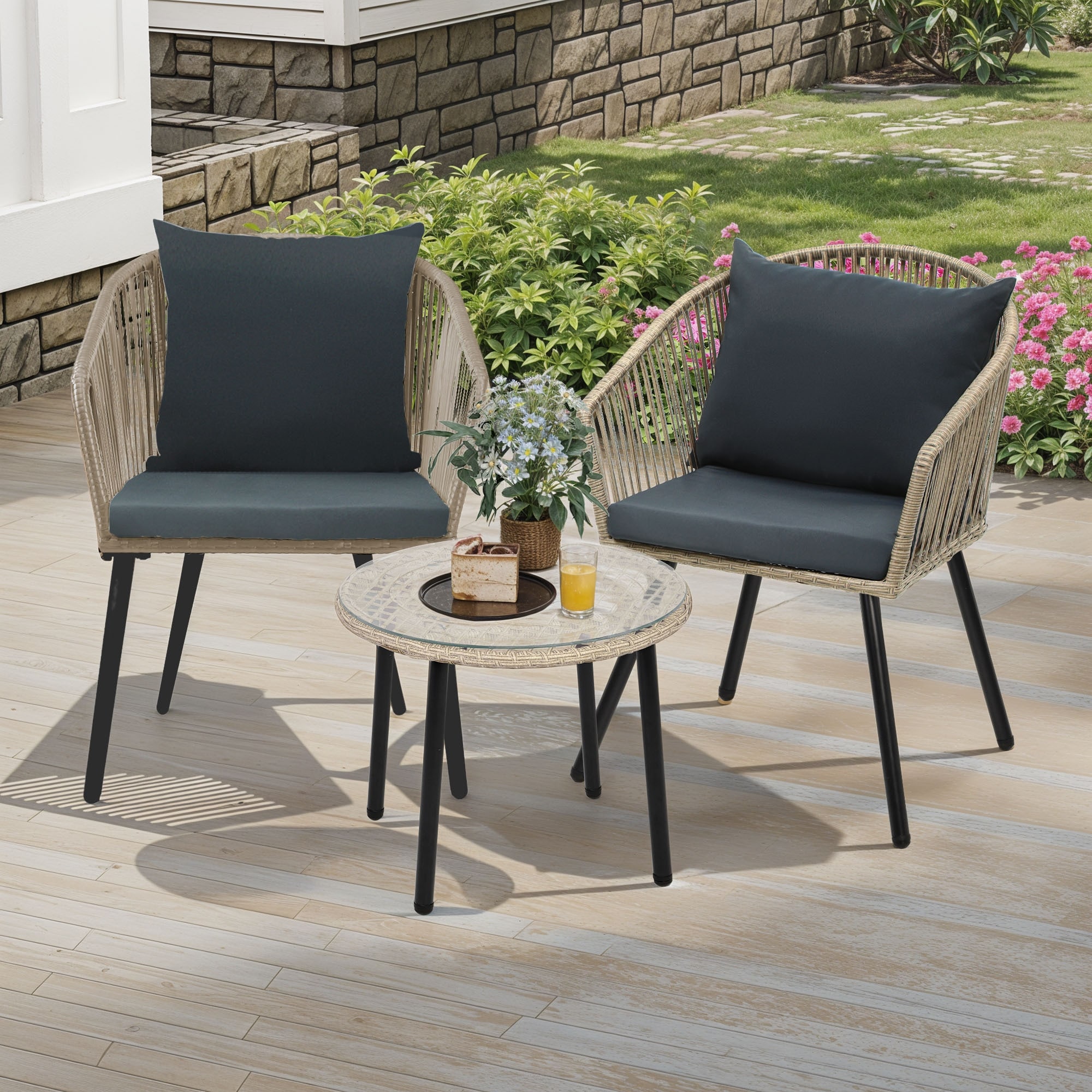 Bistro Set Gardenline Wicker Patio Table 3-Piece Wicker Cushioned