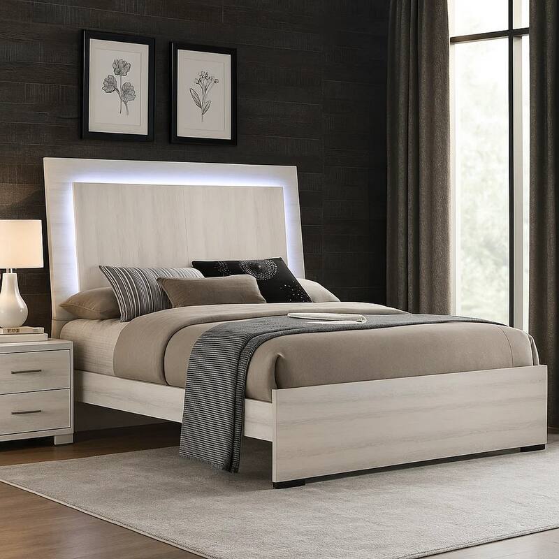 Hyao King Size Bed w LED Headboard, White Wash Paper Veneer
