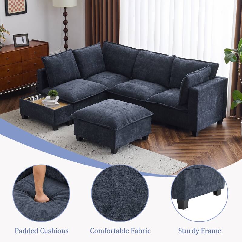 U-Shaped Sectional Sofa with Ottoman, Coffee Table with Hidden Charging Devices, Oversized Chenille Upholstered Cloud Sofa