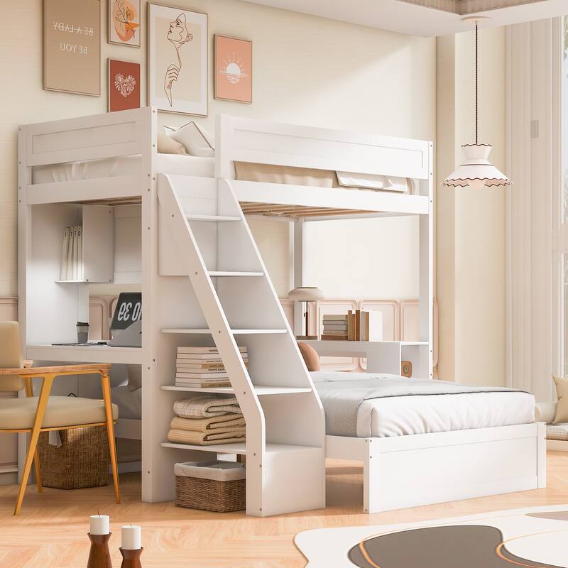 Roomfitters Twin XL Over Full Bunk Bed with Built-In Desk, USB Port and Shelves - White - Twin