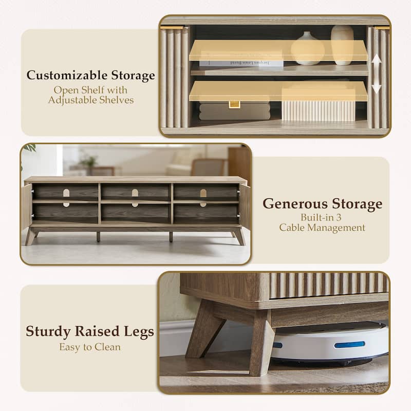 70" Modern Fluted TV Stand for Living Room, Wood Entertainment Center