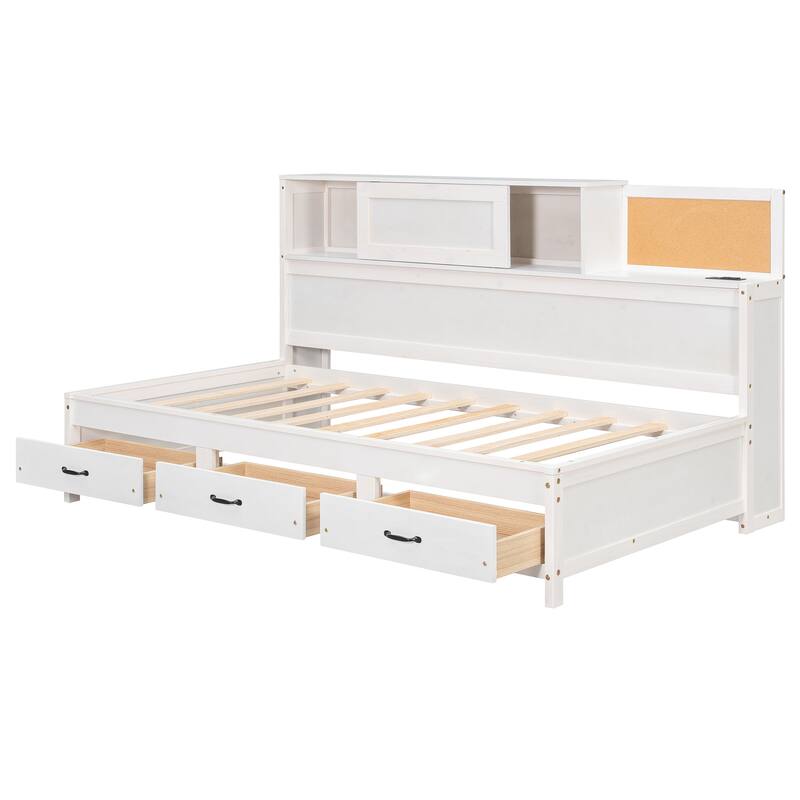 Twin Size Wooden Daybed with 3 Storage Drawers, Upper Soft Board, shelf, and a set of Sockets and USB Ports, White