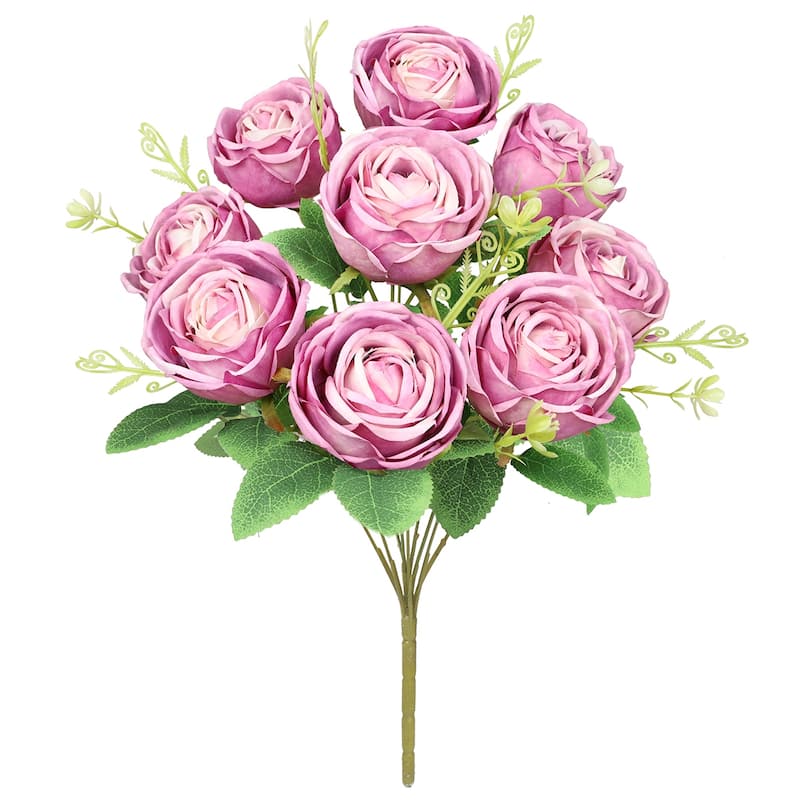 Set of 2 Rose Mauve Artificial Vintage Cabbage Rose Flower Stem Bush Bouquet 17in - 17" L x 10" W x 10" DP - Rose Mauve - 17" L x 10" W x 10" DP
