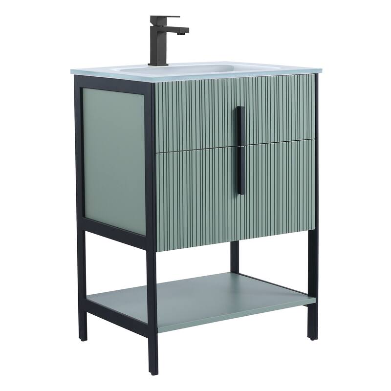 Fine Fixtures Serenity Modern Bathroom Vanity with White Glass Top - Mint Green - Black Hardware - 24 inch