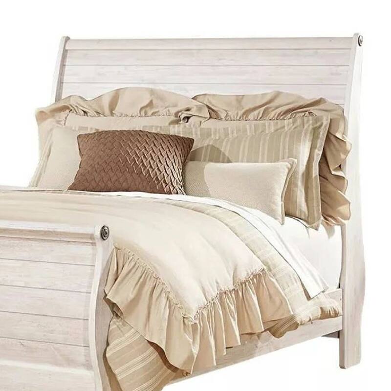 Isla Queen Sleigh Bed, Faux Planks, Carved Metal Accent, Whitewash Wood
