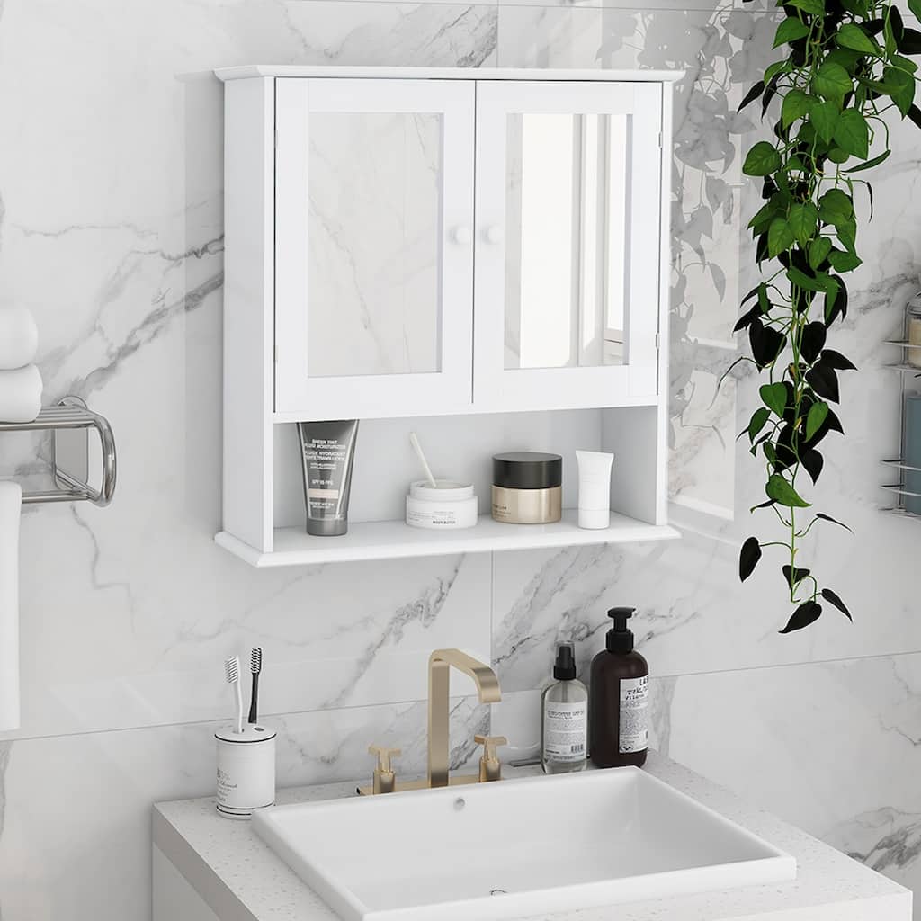 Anmytek White Wall Mounted Bathroom Mirror Cabinet with Open Shelf Bath Storage Over Toilet Organizer