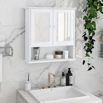 Modern Bathroom Wall Medicine Cabinet with Double Mirror Doors and Shelves