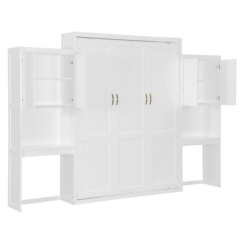 Queen Murphy Bed with Fold-Out Desk, Flip-Up Vanity Mirror, and Storage Cabinets, Space-Saving Design