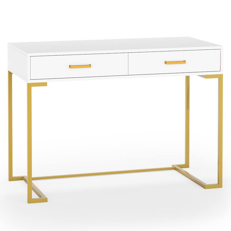 Modern Computer Desk with 2 Drawers, 39.4" Modern Simple White and Gold Writing Desk with Storage Drawers