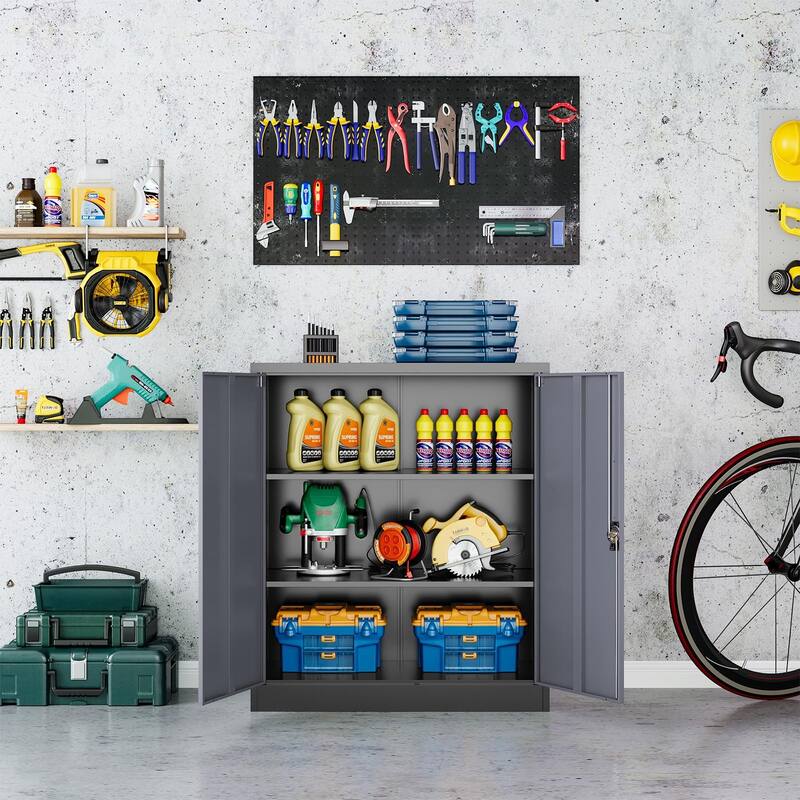 Metal Storage Cabinet with Locking Doors and Adjustbale Shelves for Garage, Home Office,School,Gym - Black Gray