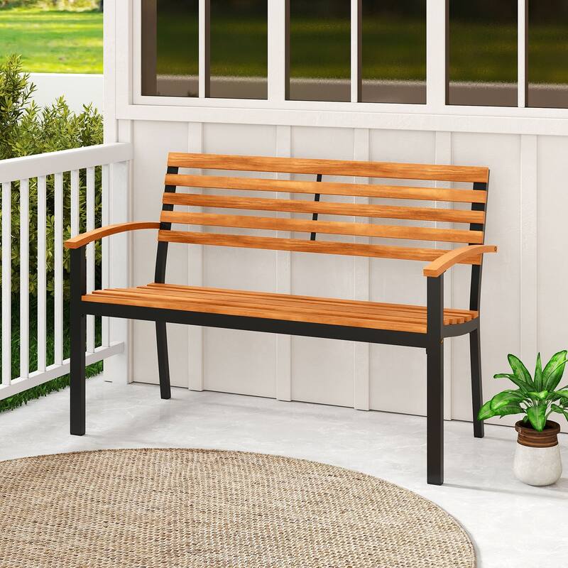 Gymax Outdoor Bench Acacia Wood Patio Loveseat w/ Backrest Armrests