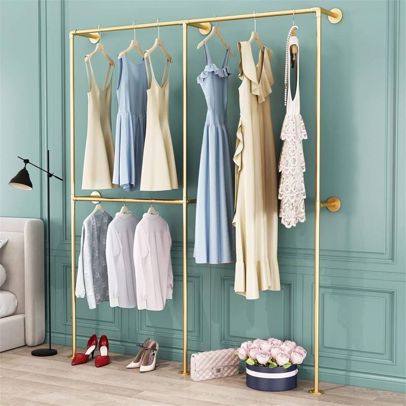 Gold Pipe Clothing Racks with 2 Tier Shelves
