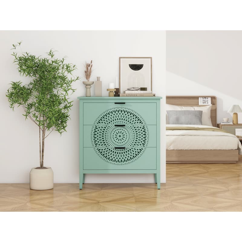 Roomfitters 3 Drawer Storage Cabinet, Hollow Carved Accent Dresser with Metal Handles, Green
