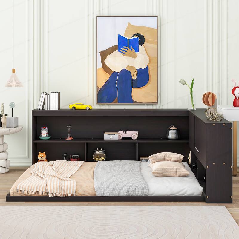 Floor Bed with L-shaped Bookcases, sliding doors,without slats