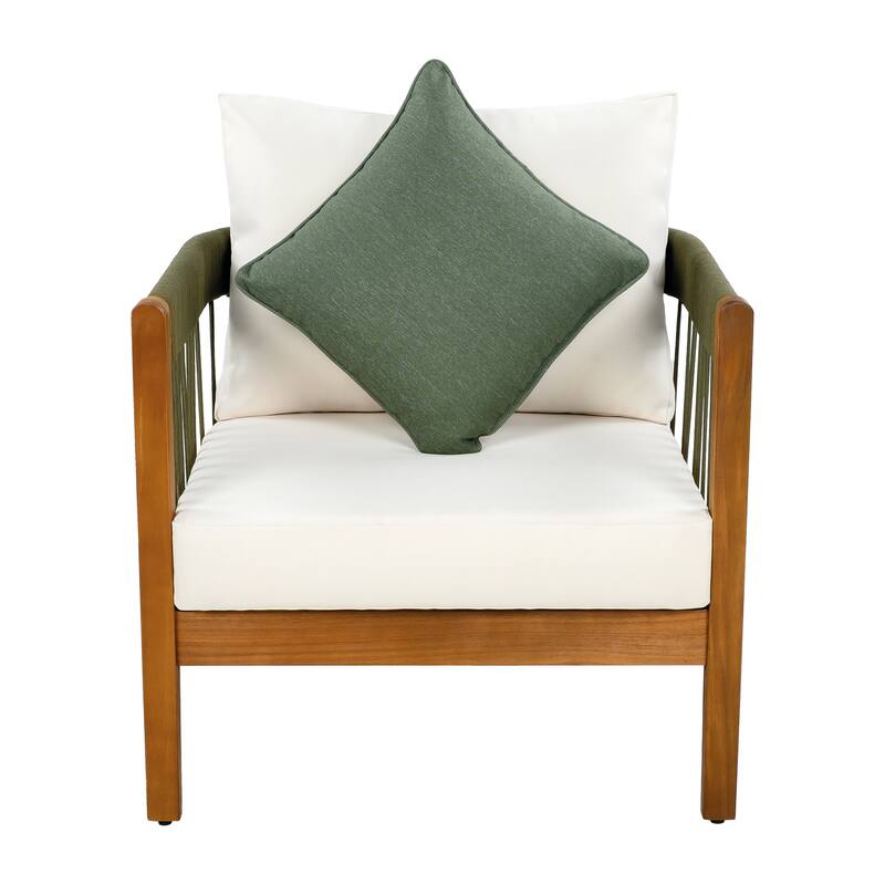 3 Pcs Set Acacia Wood Outdoor Club Chair with Handwoven Rope Accents & Curved Backres -Water-Resistant,Removable Cushions