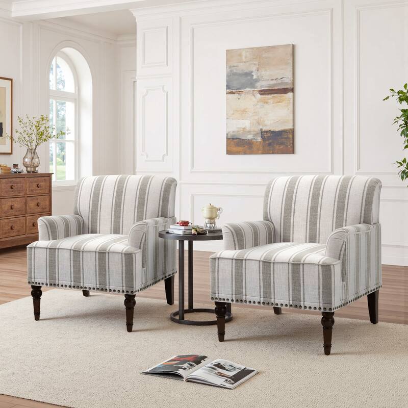Set 2 Striped Upholstered Linen Armchair with Brass Nailhead Trim