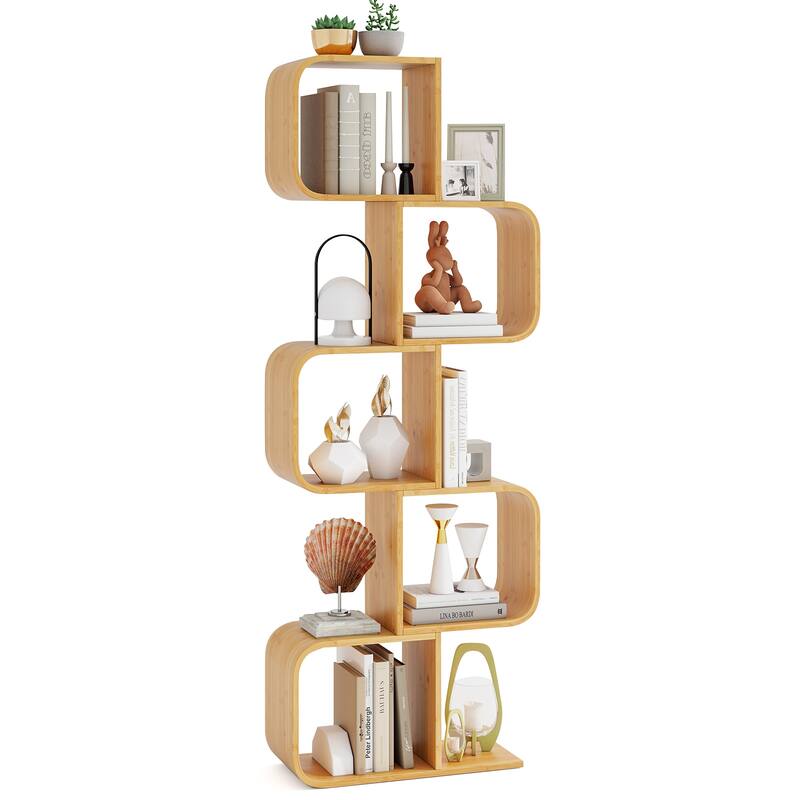 Gymax 5-Tier S-Shaped Bookcase w/ 5 Open Cubes Geometric Corner