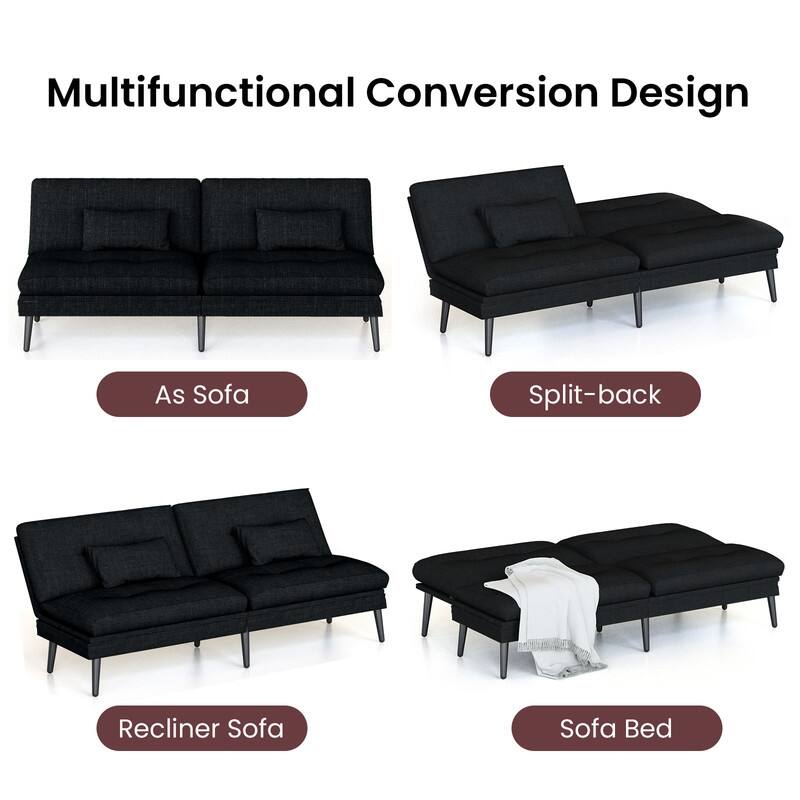 Grondin Convertible Futon Sofa Bed, 5-Angle Adjustable Backrest Sleeper Couch with 2 Pillows, Modern Style Recliner Lounge