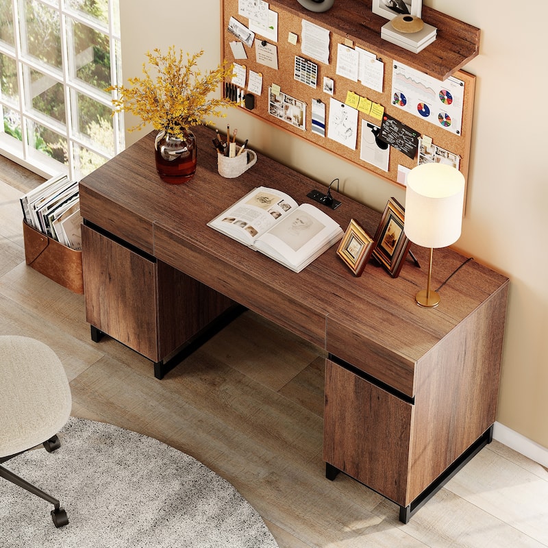 WAMPAT 59" Modern Executive Desk with Charging Station & Storage Cabinet + 72" Tall Bookcases.