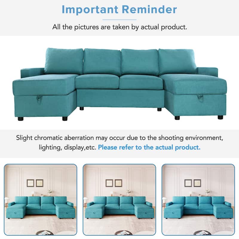103.9" Convertible U-shaped Sofa with 2 Storage Chaise Lounges, 4 USB Ports, Teal, Polyester