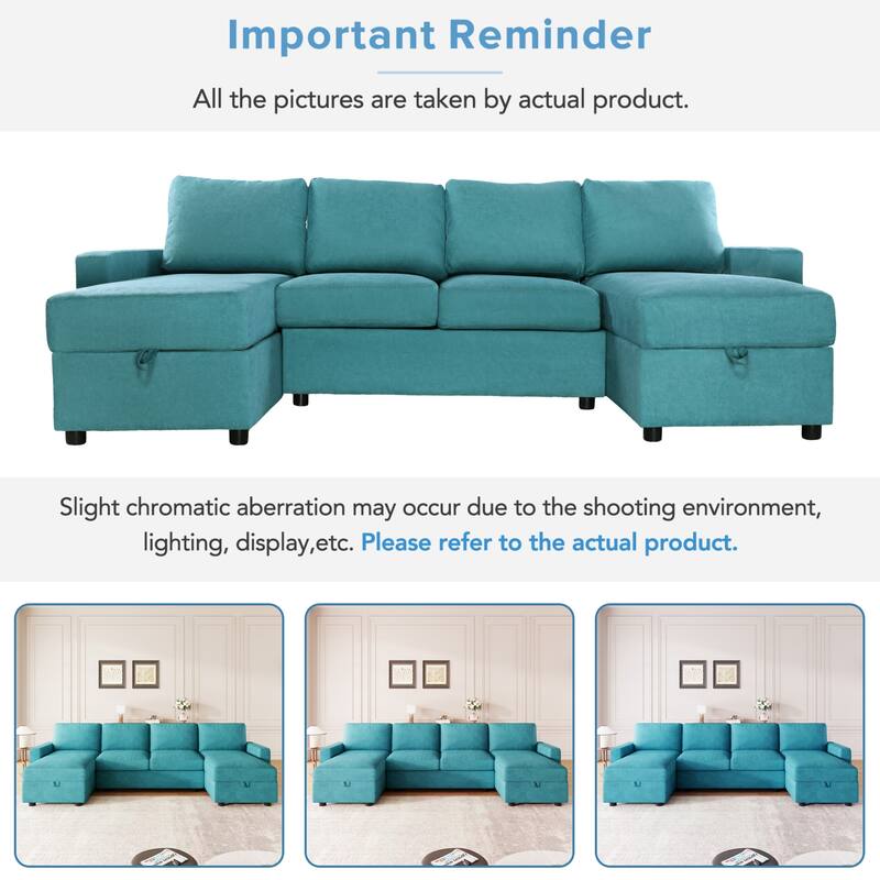 103.9" Sectional Sofa Convertible Sectional Sofa, U-shaped Sofa with Two Storage Chaise Lounges and Four USB Ports