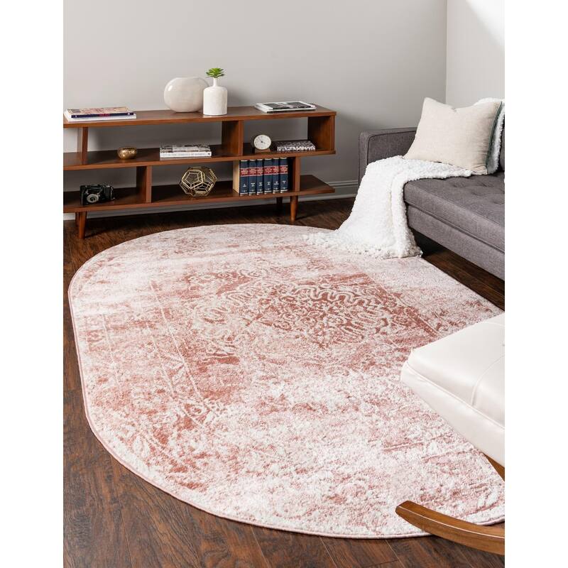 Contemporary Trabzon Collection Area Rug - Pink-Ivory - 8'x10' Oval